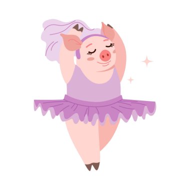 Mor etekli sevimli bir domuz ve izole edilmiş beyaz arka plan illüstrasyonunda kafa bandı dans eden balesi.