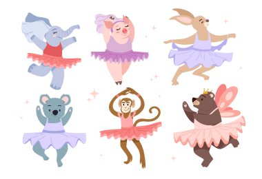 Sevimli fil, domuz, tavşan, koala, maymun ve bale yapan ayı karakterleri, çocukların tasarımları için mükemmel, beyaz arkaplan vektör resimlerinde izole edilmiş.