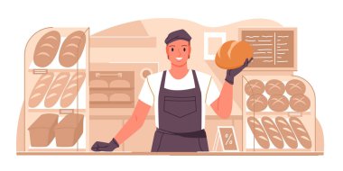 Gülümseyen fırın satıcısı tezgahın arkasında duruyor. Elinde taze ekmek somunu var. Etrafı çeşitli hamur işleri ve hamur işleriyle çevrili.