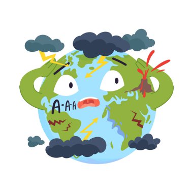 Karikatür gezegeni Dünya karakteri, beyaz arka plan çiziminde izole edilmiş fırtınalar, şimşekler, depremler ve volkanlar gibi doğal afetlerden kaynaklanan stresi gösteriyor.