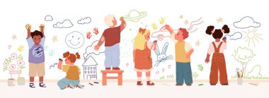 Çocuklar renkli resimler çizerek yaratıcılıklarını ifade ediyorlar. Oyuncu sahne vektör illüstrasyonunda.