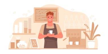 Kahve makinası, bardak ve dekor ile çevrili, beyaz arkaplan çiziminde izole edilmiş bir kahve barmeninin arkasında elinde fincanla duruyor.