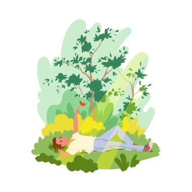 Çimenlerin üzerinde uzanan kişi, kelebekli ve yemyeşil vektör resimleriyle huzurlu bir açık hava ortamının tadını çıkarıyor.