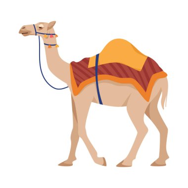 Renkli semer battaniye ve koşum takımı giyen çizgi film devesi, profilde duruyor, detaylı ve stilize edilmiş, beyaz arka plan çiziminde izole edilmiş.