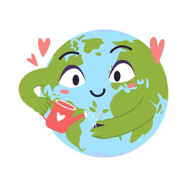 Gülen çizgi film karakteri, kollarıyla küçük bir bitkiyi sulayan, kalplerle çevrili, çevresel bakım ve sevgiyi destekleyen, beyaz arkaplan vektör çiziminde izole edilmiş,