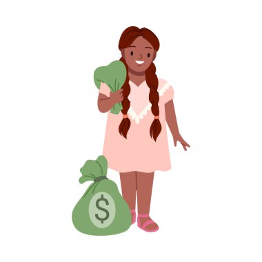 Elinde yeşil para çantası olan mutlu genç bir kız beyaz arka plan çizimine izole edilmiş başka bir çuval, mali eğitim ve tasarruf konseptinin yanında duruyor.