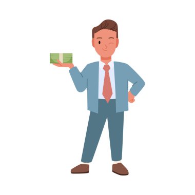 Nakit para taşıyan, göz kırpan, beyaz vektör illüstrasyonunda tek başına duran kendine güvenen genç bir çocuk.