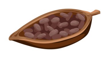 Beyaz arka plan illüstrasyonunda çikolata üretimi için fasulye dolu izole kakao kabuğu.