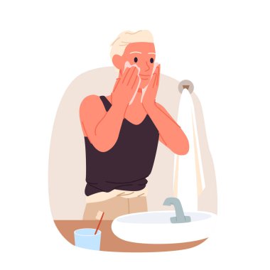 Erkekler banyo ortamlarında günlük bakım, modern özbakım alışkanlıklarını, cilt bakımını, tıraş olmayı ve hijyen aktivitelerini beyaz arka plan illüstrasyonunda izole etmeyi öğreniyorlar.