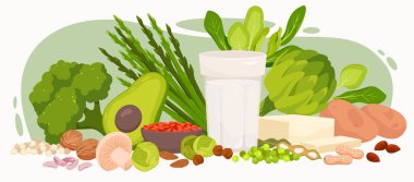 Tofu, baklagiller, fındıklar, avokado, brokoli, ıspanak ve soya sütü de dahil olmak üzere çeşitli bitki temelli protein kaynakları sağlıklı vejetaryen diyet konsepti çizimi için birlikte düzenlenmiştir.