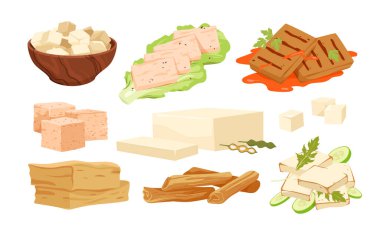 Küpler, ızgara ve dilimlenmiş şekiller de dahil olmak üzere çeşitli tofu çeşitleri, garnitür ve sebzelerle gösterilir, vegan ve vejetaryen gıda kavramları için idealdir, beyaz arkaplan vektör ilülasyonunda izole edilmiştir.