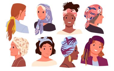 Değişik saç stilleri ve aksesuarları olan, çeşitli şekillerde canlı eşarpları, başlıkları ve bandanaları olan farklı kadınlar, izole edilmiş vektör çizimleri.