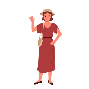 Kırmızı elbiseli, hasır şapkalı ve çapraz vücut çantalı genç bir kadın merhaba diyor, şık giyinmiş, beyaz arka plan çizimleri üzerinde tek başına duruyor.