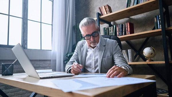 Concentrated gray-haired man in glasses sitting at workplace while holding pen and looking on documents. Business concept