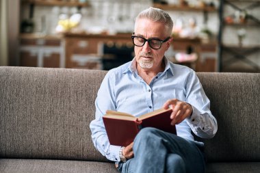 Gözlüklü yakışıklı adam kanepede dinleniyor ve evinde otururken kitap okuyor. Uzayı kopyala Yurtiçi yaşam tarzı kavramı