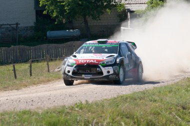 MIKOLAJKI, POLAND - JUL 3: Kris Meeke and his codriver Paul Nagle in a Citroen DS3 WRC race in the 72nd Rally Poland, on July 3, 2015 in Mikolajki, Poland.