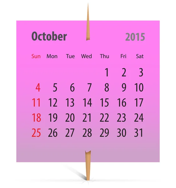 Calendario per ottobre 2015 — Vettoriale Stock