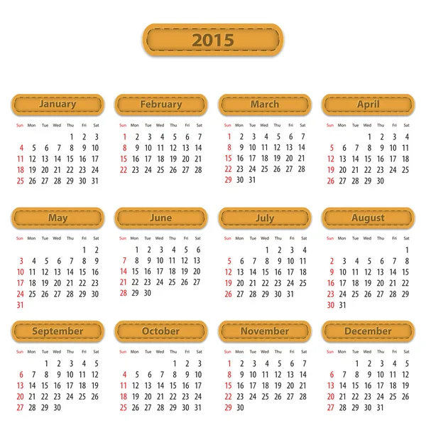 2015 English calendar — Stock Vector