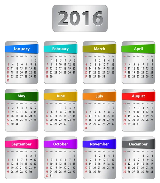 Calendrier 2016 anglais — Image vectorielle