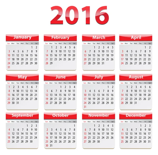 Calendario inglés 2016 — Archivo Imágenes Vectoriales