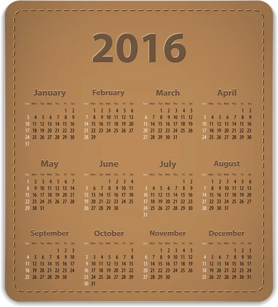 Calendario inglés 2016 — Archivo Imágenes Vectoriales