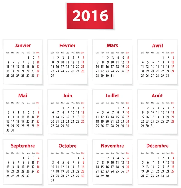 Calendário francês 2016 — Vetor de Stock