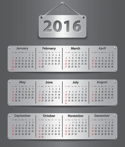2016 英語カレンダー — ストックベクタ