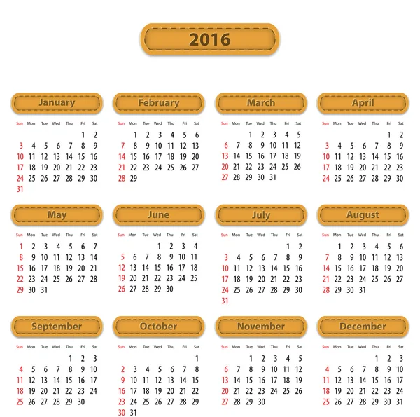 Calendário inglês 2016 — Vetor de Stock