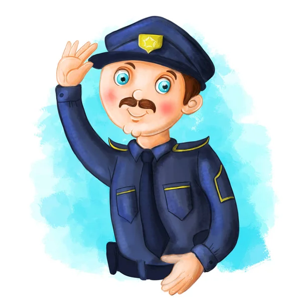 Children\'s cartoon illustration image of a policeman, a man in a police uniform, blue uniform with a tie for childish design