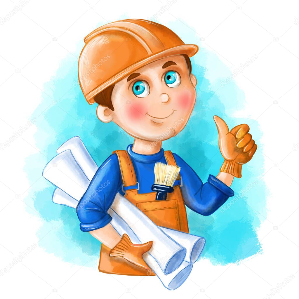 Children's illustration of a cartoon image of a builder, a man in the form of a builder, an engineer, in gloves with drawings, a builder of houses, with a paint brush, a helmet on his head for children's design