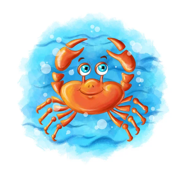 Kinderillustration Des Charakters Einer Fröhlichen Orangefarbenen Krabbe Die Meer Wasser — Stockfoto