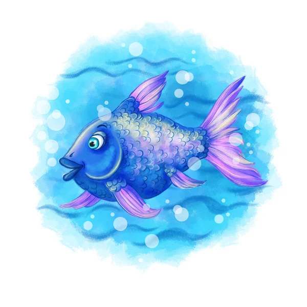 Barnens Illustration Karaktären Lila Fisk Havet Vattnet Simmar Bland Bubblorna — Stockfoto