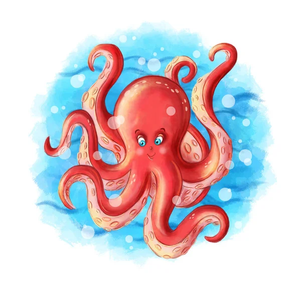 Kinderillustration Des Charakters Eines Fröhlichen Oktopus Von Roter Farbe Der — Stockfoto