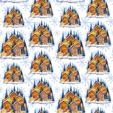 Noel ve kış temasında pürüzsüz desenler, tatil, dijital tarzda çizilmiş karla kaplı evler, hediye veya dekor olarak kar taneleri olan küçük şirin evler.