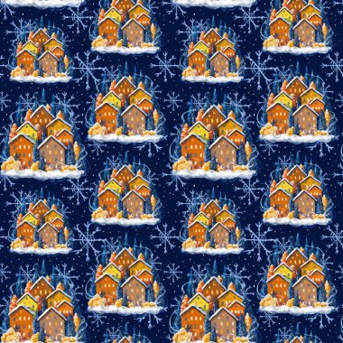 Noel ve kış temasında pürüzsüz desenler, tatil, dijital tarzda çizilmiş karla kaplı evler, hediye olarak kar taneli küçük şirin evler ya da karanlık bir arka planda dekor.