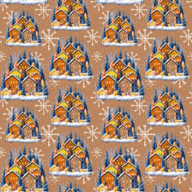 Noel ve kış temasında pürüzsüz desenler, tatil, dijital stil ile çizilmiş karla kaplı evler, hafif bir arka planda hediye veya dekor olarak kar taneli küçük şirin evler