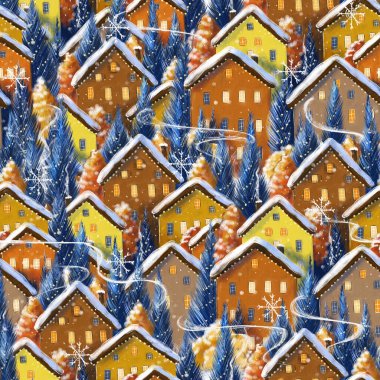 Noel ve kış temasında pürüzsüz desenler, tatil, dijital tarzda çizilmiş karla kaplı evler, hediye veya dekor olarak kar taneleri olan küçük şirin evler.