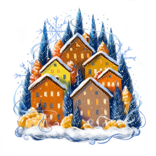 Ilustración de invierno con casas de Navidad, diferentes colores cálidos, árboles de Navidad decorados para Nochevieja crecen alrededor de la ilustración, para postales o Navidad — Foto de Stock