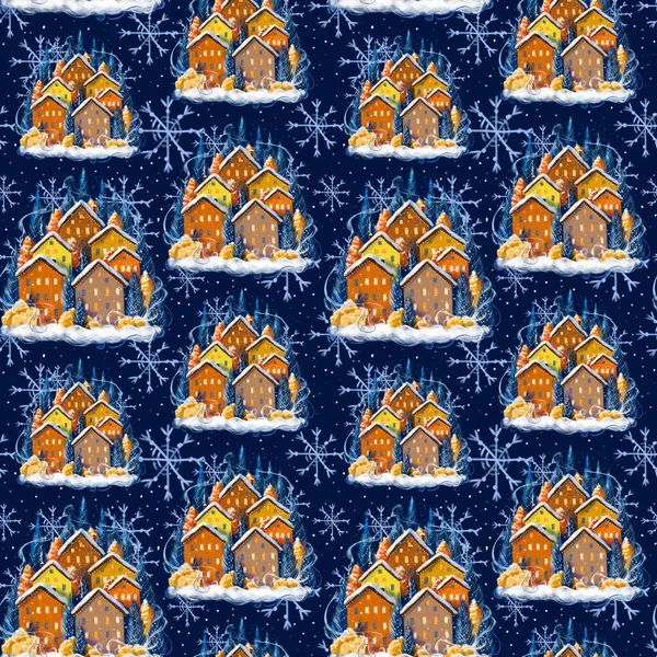 Noel ve kış temasında pürüzsüz desenler, tatil, dijital tarzda çizilmiş karla kaplı evler, hediye olarak kar taneli küçük şirin evler ya da karanlık bir arka planda dekor.