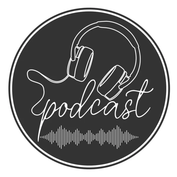 Okrągła ikona PODCAST lub logo ze słuchawkami stereo jednosuwowymi — Wektor stockowy