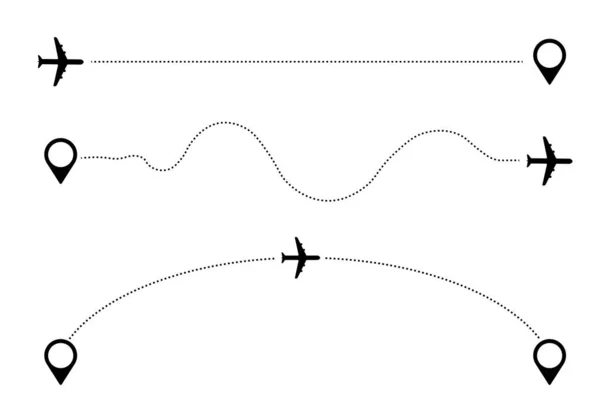 Pittogrammi di viaggio aereo con il simbolo del marcatore di destinazione e l'icona dell'aereo — Vettoriale Stock