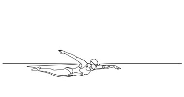 Suda serbest yüzen dişi yüzücünün aralıksız tek çizgi çizimi, çizgi sanat vektörü illüstrasyonu