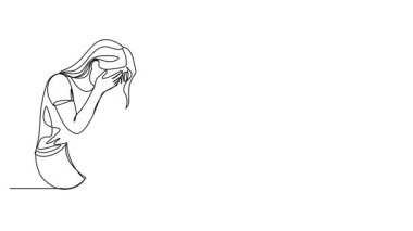 Hüzünlü genç kız ya da genç kadının çizgi çizimleri. Yüzü elleri ve çizgi çizimleri ile kaplı yerde oturuyor.