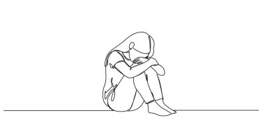 Hüzünlü kızın sürekli çizdiği çizgiler. Yüzü ellerinde saklanıyor. Çizgi çizimi, resim çizimi.