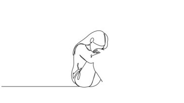 Animasyon çizimi. Üzgün kız yerde oturuyor. Yüzü ellerinde saklanıyor.