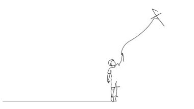 Uçurtma uçuran bir çocuğun çizgi çizimi, çizgi sanatı animasyonu