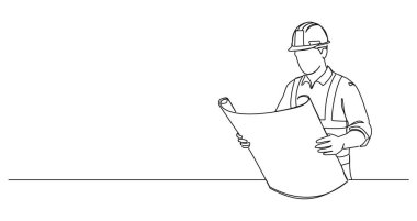 Bina planına, çizgi çizimi çizimlerine bakan inşaat işçilerinin durmaksızın çizimleri.