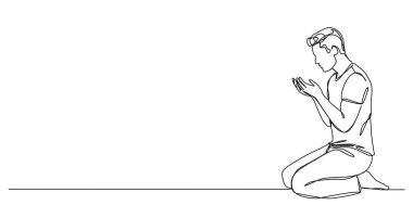 Sürekli diz çöküp dua eden bir adamın çizgi çizimi, sanat vektörü çizimi