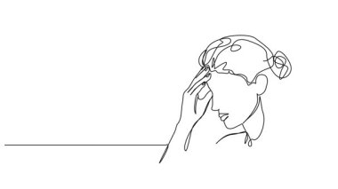 Alnına, çizgi çizimlerine dokunarak baş ağrısı çeken bir kadın çizimi.