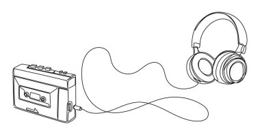 Stereo kulaklıklı taşınabilir kaset oynatıcının sürekli çizimi, çizgi sanat vektörü çizimi